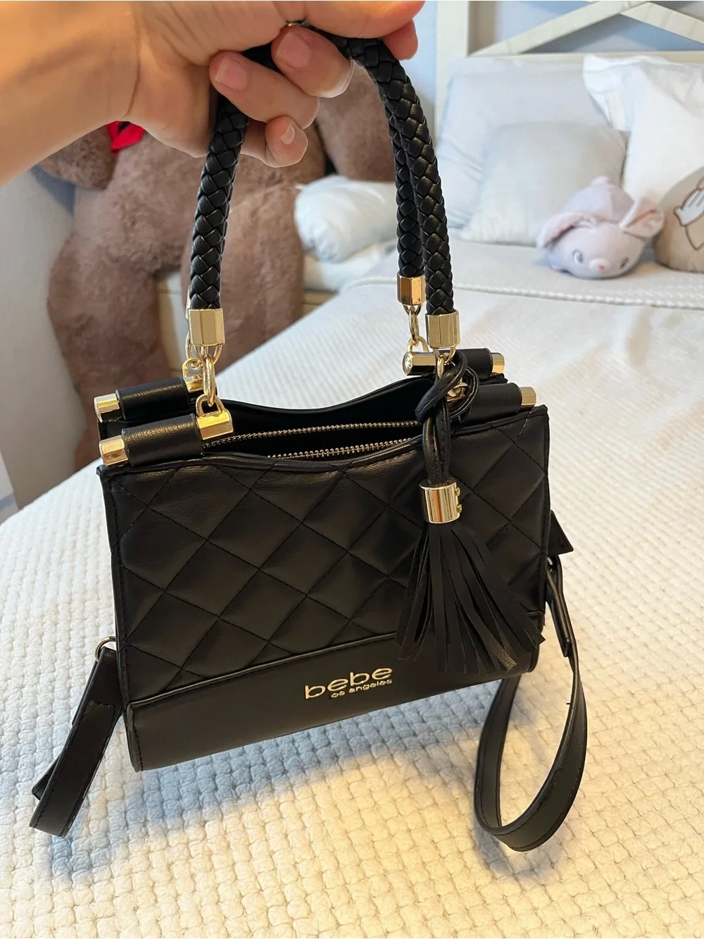 bebe Black Quilted Satchel with Gold Hardware and Tassel